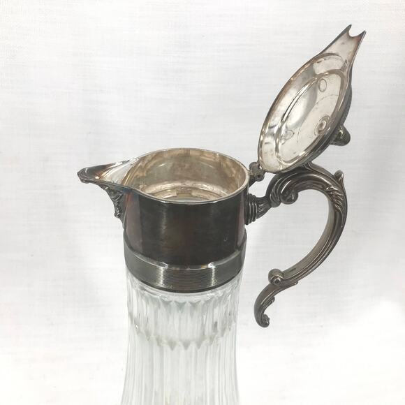 Antique Glass Cooling Ewer Pitcher With Silver Plate Lid  Carafe Single Handle - Picture 2 of 3